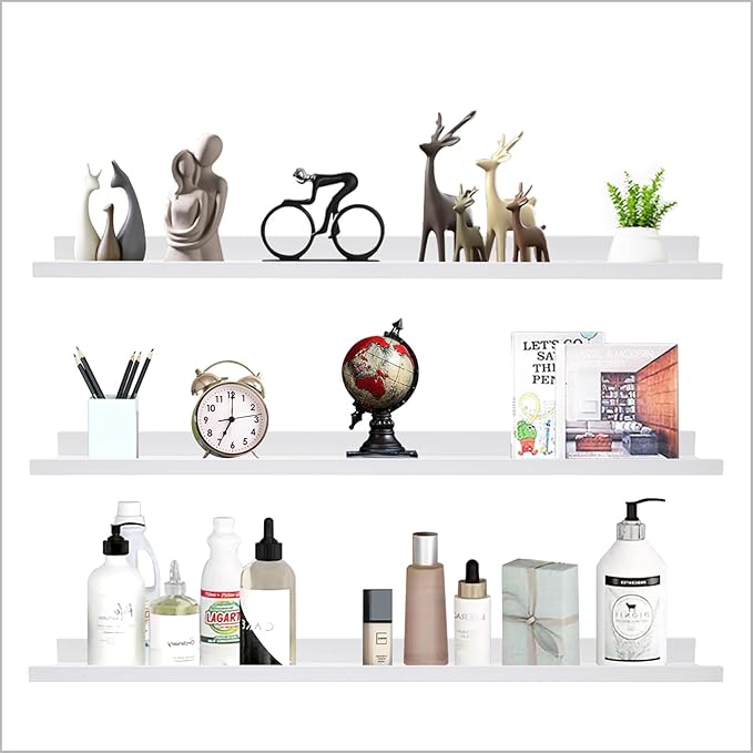 AZSKY 48 Inch White Large Picture Ledges Wood Photo Display Shelf Long Shallow Picture Shelf for Pictures with Lip Wall Mounted Set of 3 for Living Room Bedroom Bathroom Kitchen Same Sizes