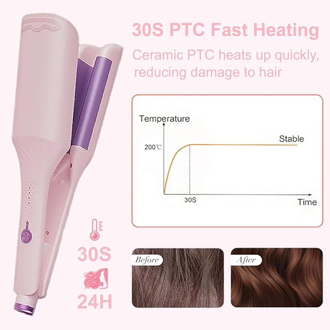 Waver Hair Crimper, 1.25 Inch Curling Wands with Ceramic 3 Barrels, 4 Temp Settings, Heat Resistant Glove, Fast Heating Crimper Hair Iron for Short and Long Hair (Pink)