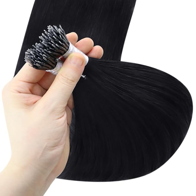 YoungSee Nano Ring Hair Extensions Real Human Hair Black 20 inch Nano Beads Hair Extensions Black Nano-link Hair Extension Human Hair Long Straight 1g/s 50g for Instant Length