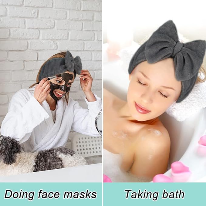 Shintop Makeup Headband Soft Carol Fleece Spa Headband with Cute Bow Elastic Headwear for Washing Face Skincare Facial Mask Showers（Grey）