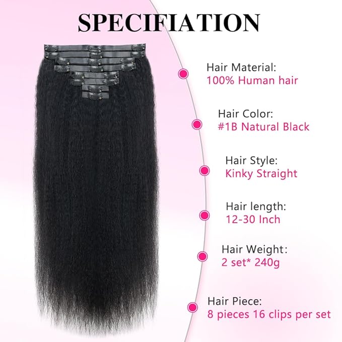 Invisi Edge Clip In Hair Extensions Human Hair 2 Pack 240g 16pcs Kinky Straight Invisible Clip Ins For Women Full Head Injected Clip Ins Remy Human Hair Extensions Natural Color 12inch