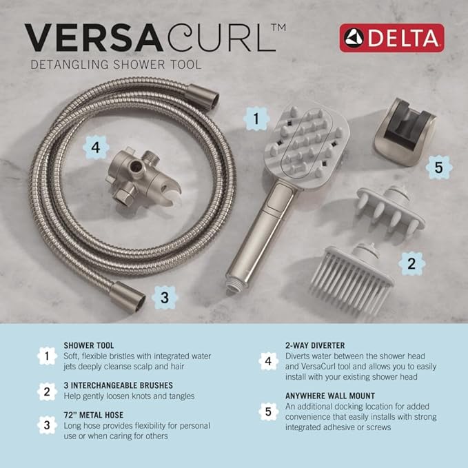 Delta VersaCurl Detangling Handheld Shower Head Tool for Curly Hair with 3 Curl Defining Brush Inserts Included, Detangler Brush Hand Shower with Hose, Spotshield Brushed Nickel 74B430SN