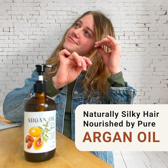 Argan Oil for Hair Growth Oil 8oz (Aceite de Argan) - 100% Pure Cold Pressed Moroccan Oil with Pump - Suitable for Colored & Damaged Hair - Argan Oil for Face, Body Oils, Nail & Scalp