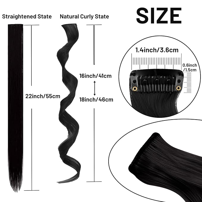 16 Pcs Colored Hair Extensions Curly Wavy Clip in Synthetic Hair Extensions,Colorful Party Highlights Hairpiece Streak for Girls Women Kids Christmas New Year Cosplay Favors Gift(Black)