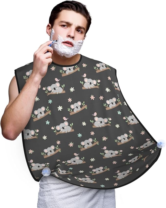 Non-Stick Beard Shaving Bib, Hair Catcher Apron with Suction Cups, Waterproof Grooming Tool for Men Husband, Cute Cartoon Koala and Flowers Floral Shave Bib