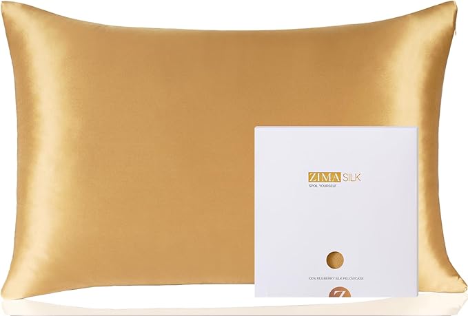 ZIMASILK 100% Pure Mulberry Silk Pillowcase for Hair and Skin Health,Soft and Smooth,Both Sides Premium Grade 6A Silk,600 Thread Count,with Hidden Zipper,1pc (King 20''x36'',Golden)