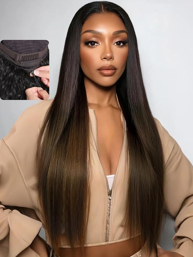 YIROO Bye Bye Knots Chestnut Brown Ombre Light Yaki Straight Wig Human Hair,7x5 Lace Front Glueless Wig with Drawstring,Pre Cut Pre Plucked Pre Bleached Knots Natural Hairline Wig for Women 24Inch