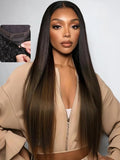 YIROO Bye Bye Knots Chestnut Brown Ombre Light Yaki Straight Wig Human Hair,7x5 Lace Front Glueless Wig with Drawstring,Pre Cut Pre Plucked Pre Bleached Knots Natural Hairline Wig for Women 24Inch
