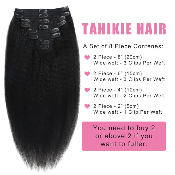 Kinky Straight Human Hair Clip in Extensions 120g Full Head Clip ins for Women 100% Unprocessed Brazilian Virgin Human Hair Yaki Straight Clip ins Remy Hair Natural Black 8Pcs 18Clips 20inch