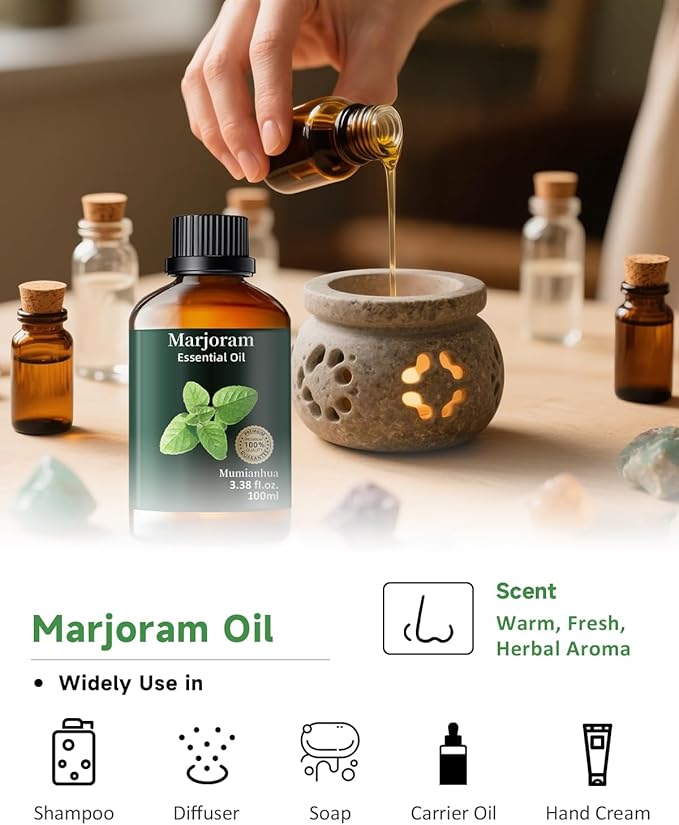 Pure Marjoram Essential Oil, Mumianhua Natural Herbaceous Oil for Bedroom Serenity & Natural Shield, Aromatherapy for Evening Ease, Outdoor Protection, Diffuser, Massage & Skin Care, 3.38 Fl Oz