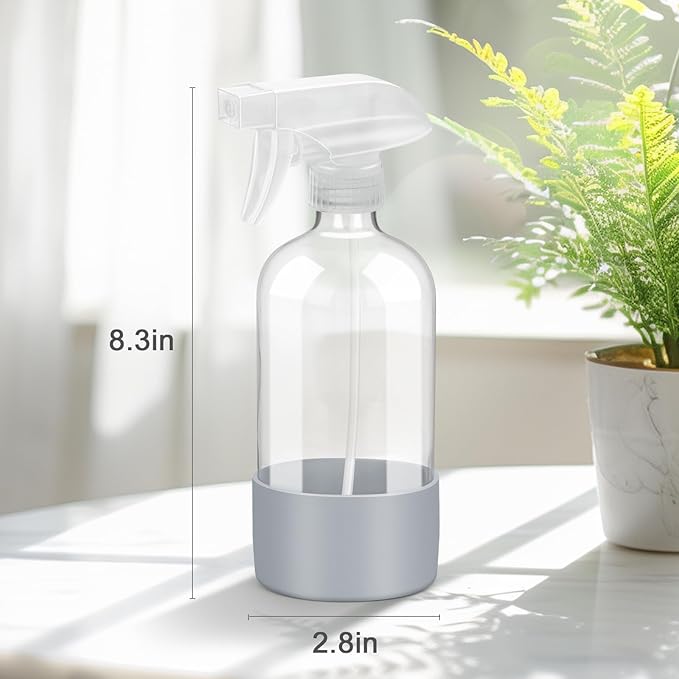 2 Pack Glass Spray Bottles with Silicone Sleeve, 16 oz Empty Refillable Containers with Adjustable Spray Nozzles, Spray Bottles for Hair, Cleaning Solutions and Plants