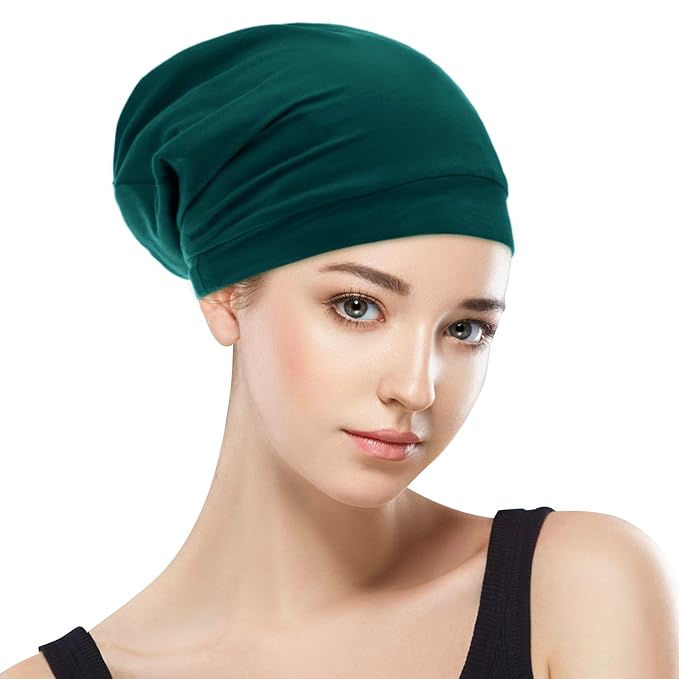 Silk Satin Lined Bonnet Sleep Cap - Adjustable Stay on All Night Hair Wrap Cover Slouchy Beanie for Curly Hair Protection for Women and Men - Solid Forrest Green