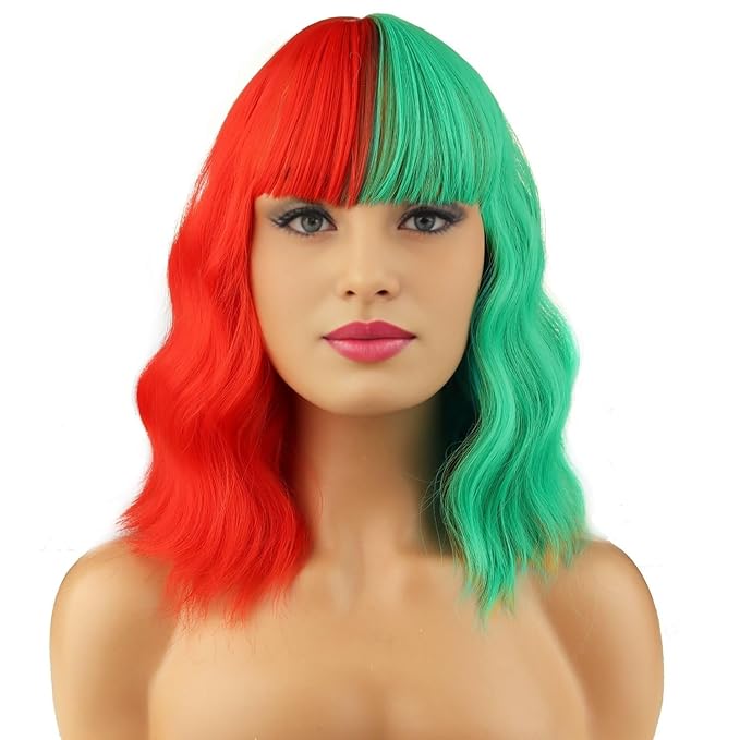 BERON 14 Inches Half Red Half Green Wig with Bangs Short Wavy Wig Green Red Wigs for Christmas Party