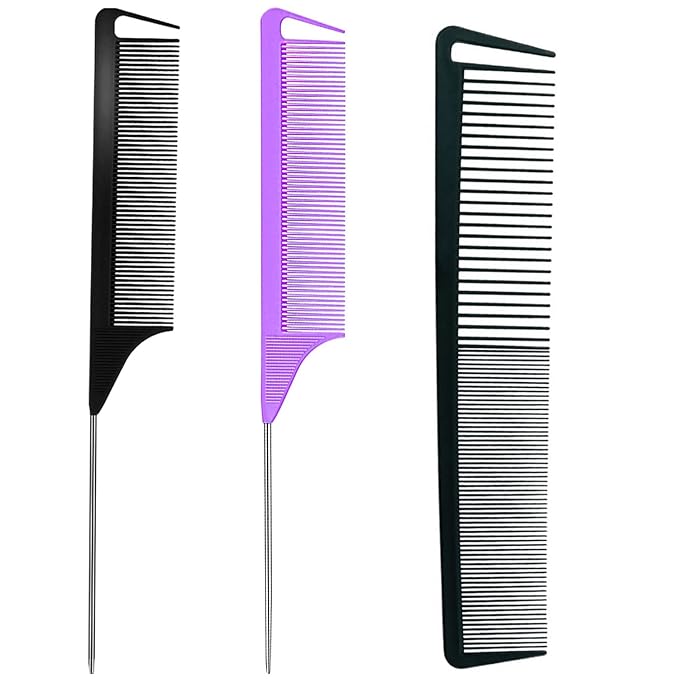 3 Pcs Rat Tail Comb Parting Comb for Braids Barber Styling Combs Carbon Fiber Teasing Combs Stainless Steel Pintail Comb for Women Men Fine Teeth Salon Hairdressing Hair Care Tools (Black+Purple+Black)