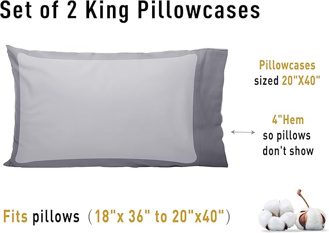 Sunflower King Pillowcases Set of 2, 100% Cotton King Pillow Cases 2, 20×40 inches Frost Gray, Soft and Breathable