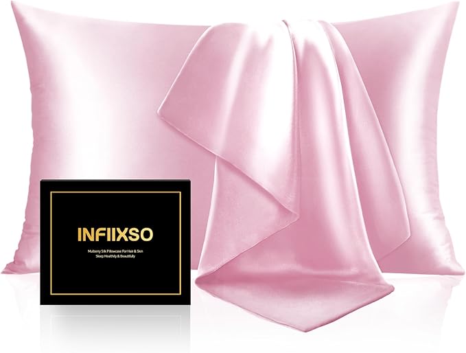 INFIIXSO Mulberry Silk Pillowcase for Hair and Skin, Silk Pillow Cases Standard Size with Hidden Zipper 20x26 Inches, Extraordinary Smooth and Soft Cooling Pillow Cases for Hot Sleepers(Pink, 1 Pack)