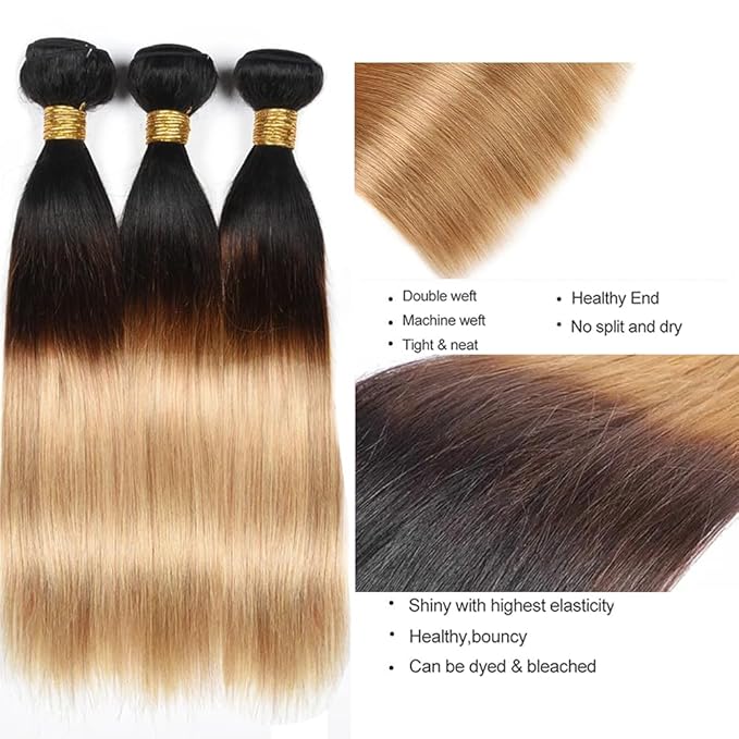 30 32 34 Inch 27 Human Hair Bundles Ombre Blonde Straight Bundle 3 Tone Brown And Honey Blonde Bundles Grade 8A Peruvian Virgin Remy Bundle Hair Extensions