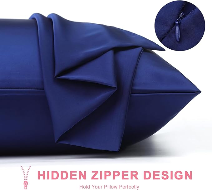 100% Silk Pillowcase 2 Pack for Hair and Skin, Both Sides 23 Momme Grade 6A+ Mulberry Silk Pillowcases with Hidden Zipper, Soft&Smooth Cooling Pillow Cases (Navy Blue, King 20×36)