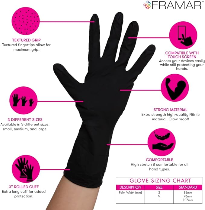 FRAMAR Black Disposable Gloves Large – 12 INCH Latex Free Gloves Large, Guantes Desechables, For Hair Dye, Cleaning, Tattoo, Mechanics – Extra Durable & Resistant – 100 Pack