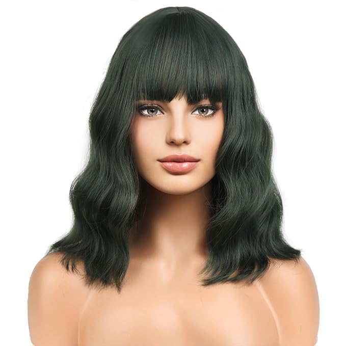 BERON 14 Inches Dark Green Wig for Women Short Curly Wig Green Wigs with Bangs Loose Wavy Wigs for Daily or Party