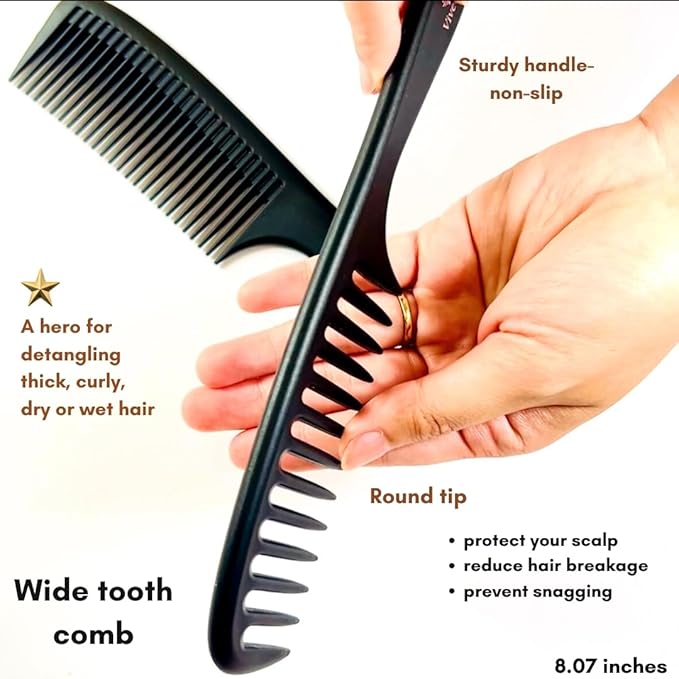 VIVEDGE| Curly Hair Comb Set Gift set | Carbon Fiber Detangler Wide Tooth Parting Combs anti static frizz-free with Premium Acccessories for Styling | Gift for loved ones (Black-Pink)