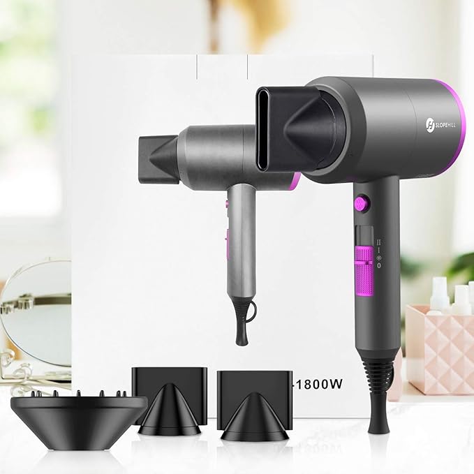 slopehill Professional Ionic Hair Dryer, Powerful 1800W Fast Drying Low Noise Blow Dryer with 2 Concentrator Nozzle 1 Diffuser Attachments for Home Salon Travel