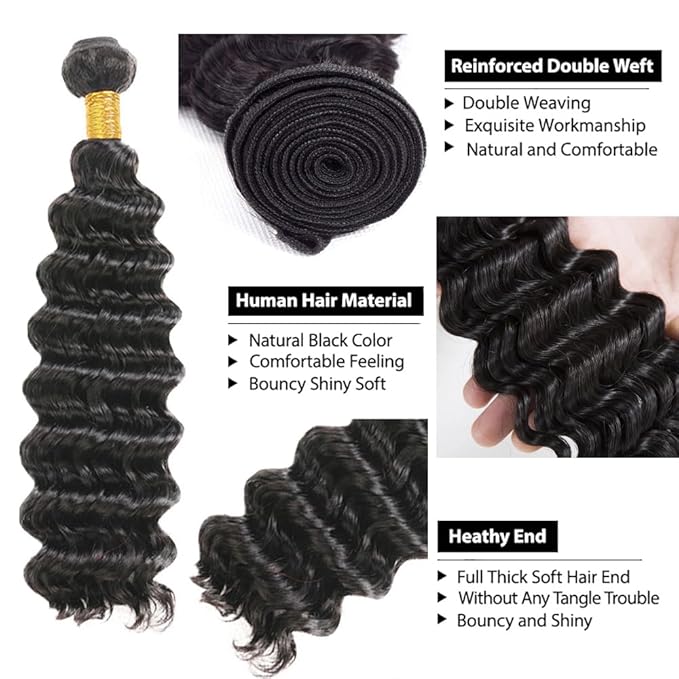 Human Hair Bundles Color 1B Deep Wave Bundles 26 Inch Double Weft Natural Black Deep Wave Bundle Hair Weave Niegmeag Brazilian Virgin Soft and Silky Remy Hair Extensions 100g
