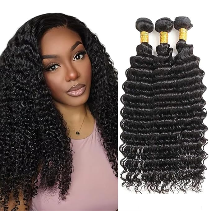 Deep Wave Bundles Human Hair Natural Black Bundles 20 22 24 Inch Niegmeag Peruvian Virgin Remy Hair Extensions Double Weft Soft and Silky Color 1B Deep Wave Bundle Hair Weave