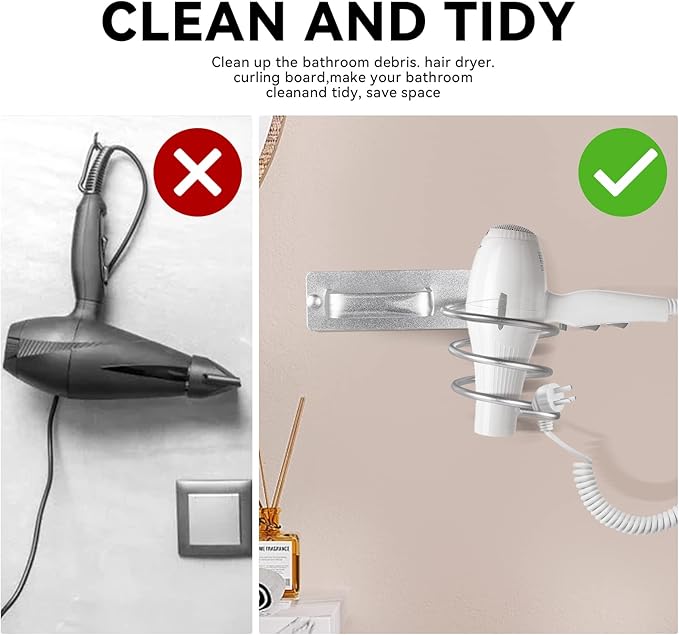 YUET Hair Dryer Holder Hairdryer Station Wall Mounted Spiral Shelf Bracket Stand Hanger Straightener Organizer Blow Storage with Holes Rack For Bathroom Aluminum Professional (Silver)