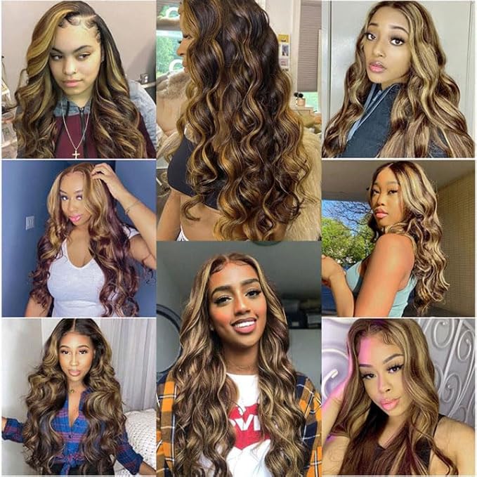 Highlight Human Hair Bundles Blonde Body Wave Bundle 24 26 28 Inch Double Weft 2 Tone Black and Hondy Blonde Bundle Niegmeag Peruvian Virgin Remy Hair Extensions