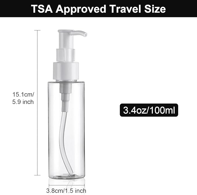 Cosywell Empty Plastic Pump Bottles Dispenser TSA Approved 3.4oz 8 Pack Portable Refillable Container Clear Plastic Lotion Pump Dispenser Bottle for Facial Cleansing Oil Shampoo Shower Gel