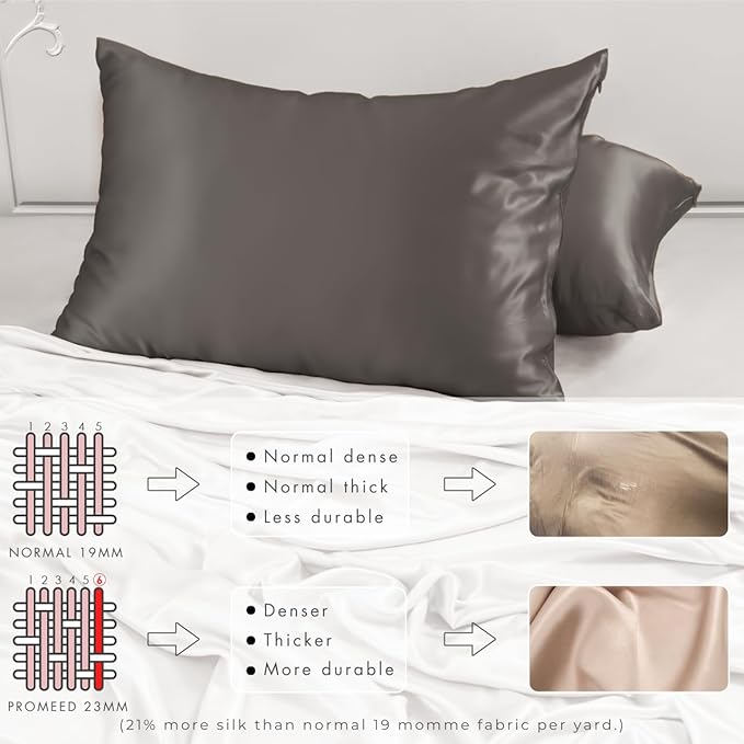 PROMEED 100% Silk Pillowcase 2 Pack with Zipper, Both Sides Premium Mulberry Silk Pillow Cases Set of 2 for Hair and Skin, Anti BedHead, Anti Frizz (Standard 20"x26", Grey)