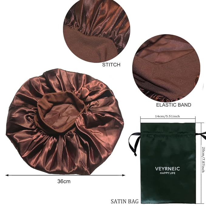 VEYRNEIC Hair Satin Bonnet For Sleeping Shower Caps Silk Chemo Caps with Wide Elastic Band Night Sleep Cap Bonnets for Black Women Braids with Satin Storage Bag(Brown)