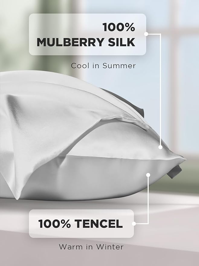 Mulberry Silk Pillowcase for Hair and Skin, SGMSILK 22 Momme Natural Silk Pillow Cases with Zipper, 6A Soft and Smooth Single Sided Pure Silk Pillow Cover (Light Gray, King 20"x36")