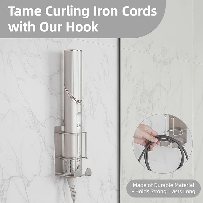 Curling Iron Holder, Stainless Steel Flat Iron Holder Wall Mount, Hair Straightener Holder for Bathroom Storage, Flat Iron Holder Wall Mount Space Saving Hair Tool Organizer Silver BANJEKT
