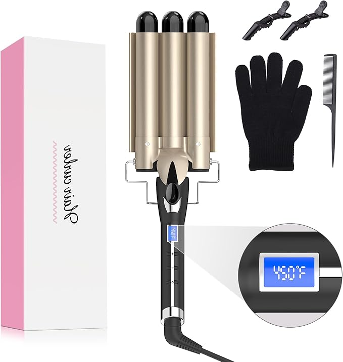 Hair Waver 3 Barrel 1 Inch for Classic Beach Waves, AIMERVO Crimper Tool for Women 15 Temp Settings from 170 to 450°F, Tourmaline Ceramic Crimping Iron, PTC Heater Technology, 1 Hour Auto Shut-Off