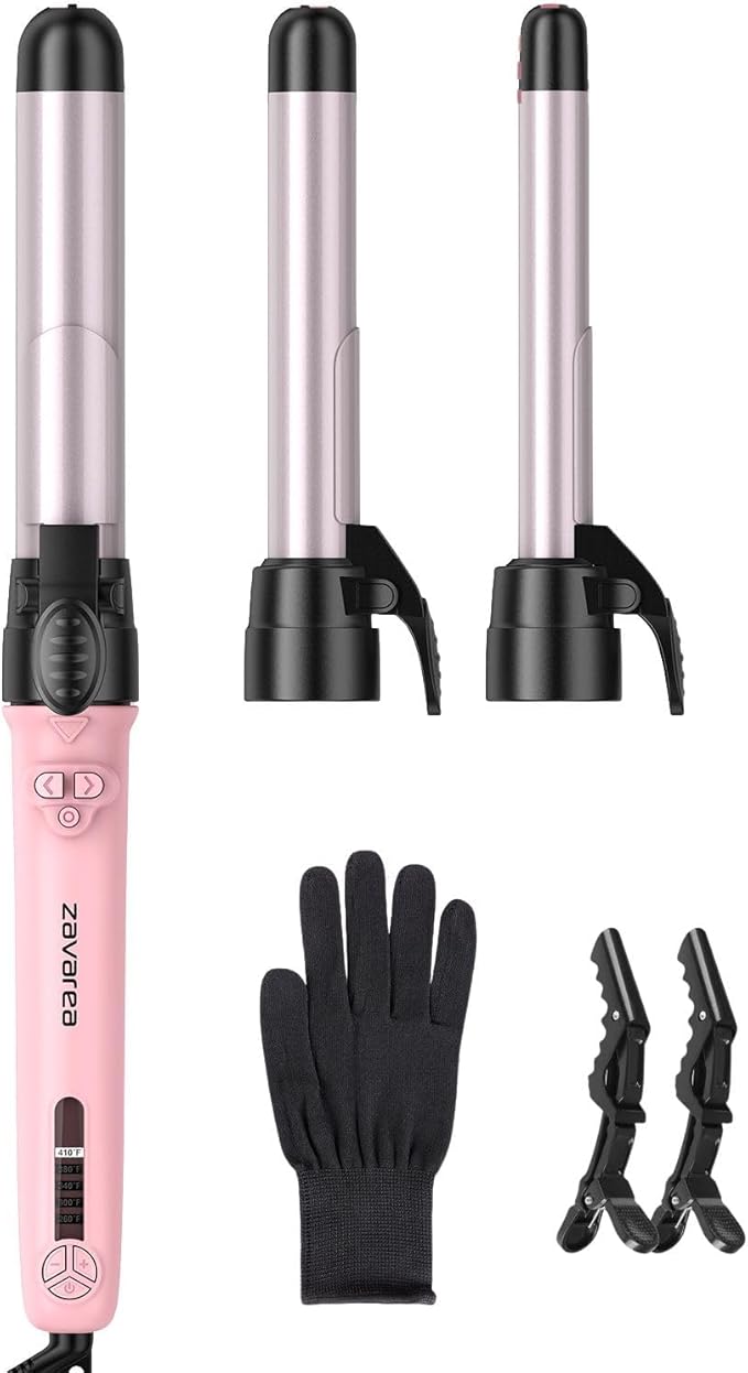 Rotating Curling Iron 3 in 1 Set, Automatic Curling Wand with 3 Interchangeable Ceramic Barrels(0.75" - 1.25"), Instant Heating Hair Culer with 5 Adjustable Temp, Include Heat Resistant Glove & Clips