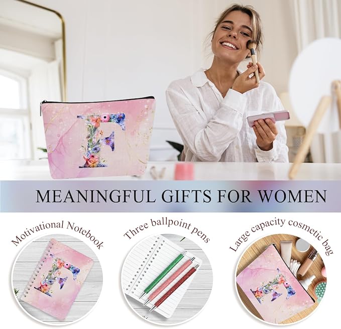 Personalized Gifts Monogrammed Birthday Gifts for Women, Aunt Grandma Retirement Christmas Initial 20 oz Tumbler, Makeup Bag Cup Ballpoint Pens Journal Notebook 6 Set, (Aesthetic Pink Flower F)
