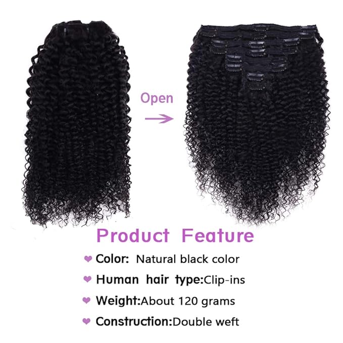 Curly Clip In Extension Human Hair 3C 4A Kinky Curly Clip Ins Full Head for Black Women Brazilian Remy Human Hair Natural Color 8Pcs with18clips 120g/Set (30 inch, curly wave)