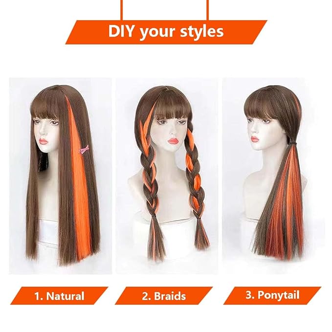 Orange Hair Extensions Clip in for Kids Girls, 10 Pieces 22 Inch, Colored Heat Resistant Synthetic Hairpiece, Long Straight Streak Extension Clips Ins