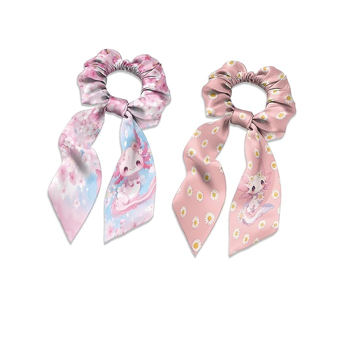 Cherry Blossom Elastic Hair Band with Ribbon Pack Of 2 Axolotl Daisy No Damage Bow Scrunchy Casual Bow Hair Ties Satin Ponytail Holder for Womens