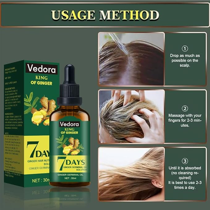 Vedora Ginger Oil for Hair Growth - Biotin Hair Growth Serum, 100% Pure Natural Ginger Essential Oil - Promotes Stronger, Thicker, Longer Hair in Women & Men - 1.05 Fl Oz / 30ML (1PC)