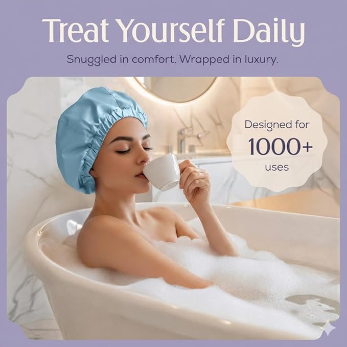 Premium Shower Cap for Women - 1000+ Showers, 100% Waterproof, Double-Sided, Large Shower Cap For Long Hair & Great For Curls (Anti-Frizz Terry Cloth Lining) (Sky Blue)