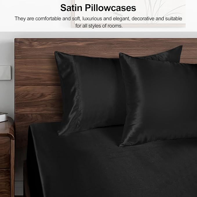 Lirex Satin Pillowcase for Hair and Skin, Super Soft and Cooling Similar to Silk, 2 Pack King Size 20"X 40" Pillow Cases with Envelope Closure, Gifts for Women Men, Black
