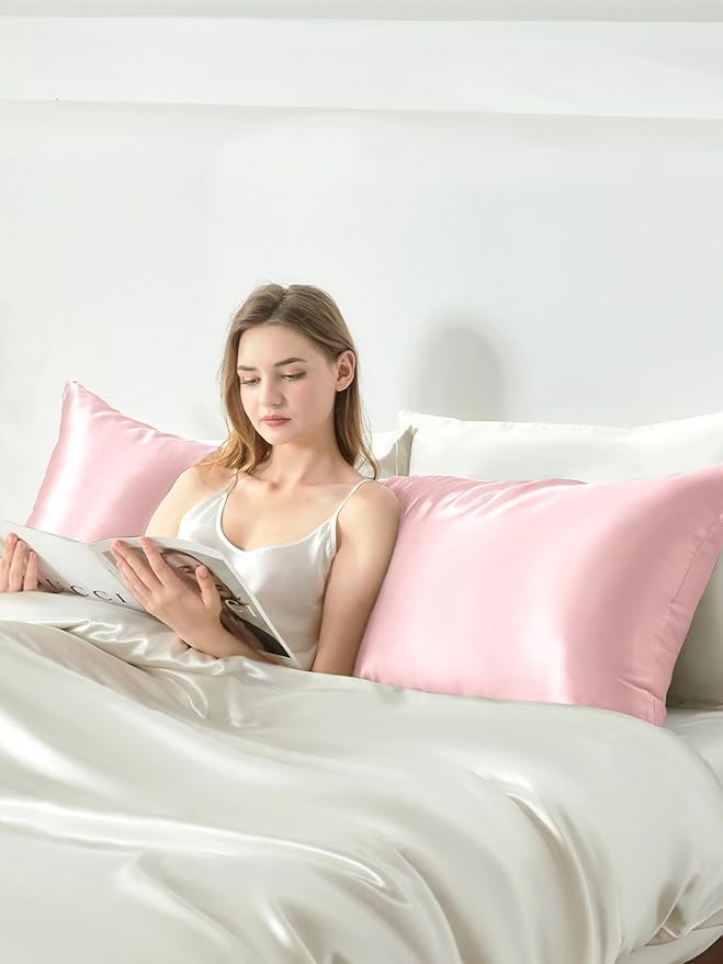 THXSILK Set of 2 Silk Pillowcase for Hair and Skin, 100% Mulberry Silk Bed Pillowcase Ultra-Soft, Hypoallergenic Soft Breathable Silk Pillow Case with Hidden Zipper, Body Size 20"x54", Pink