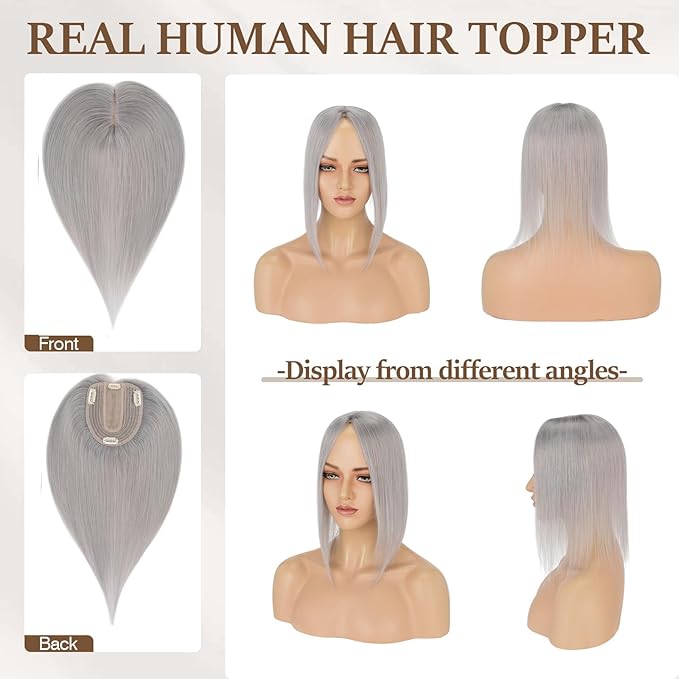 Rich Choices Hair Toppers for Women Real Human Hair 100% Human Remy Toppers NO Bangs for Women with Thinning on Top Clip in Hairpiece 4"x4.7"Lace Base 14 Inch Gray