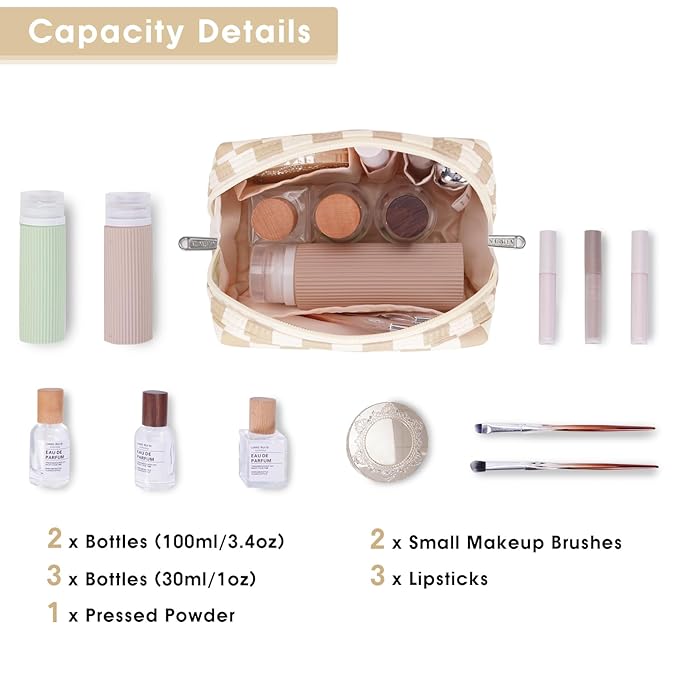 Narwey Small Checkered Makeup Bag for Purse Mini Cosmetic Bag Travel Makeup Pouch Zipper Pouch Cute Make up Bags with Compartments for Women Girls (Light Checkerboard, Small)