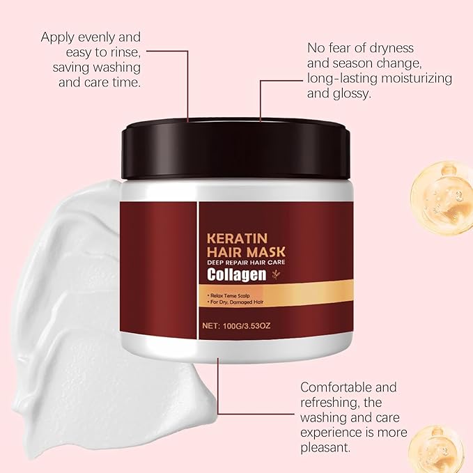 Keratin & Collagen Hair Mask for Dry Damaged Hair - Deep Repair Treatment with Hydrolyzed Keratin, Frizz Control & Split Ends Repair, Moisturizing Hair Care, 3.53 oz (2, pcs)