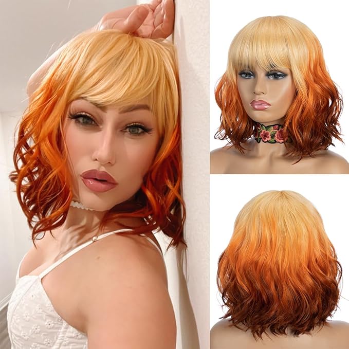 NOBLE Short Bob Wigs with Bangs for Women 3 Tone Ombre Color Synthetic Shoulder Length Curly Wavy Blonde to Orange to Ginger Wig Natural Looking Heat Resistant Colorful Daily Party Cosplay Bob Wigs.