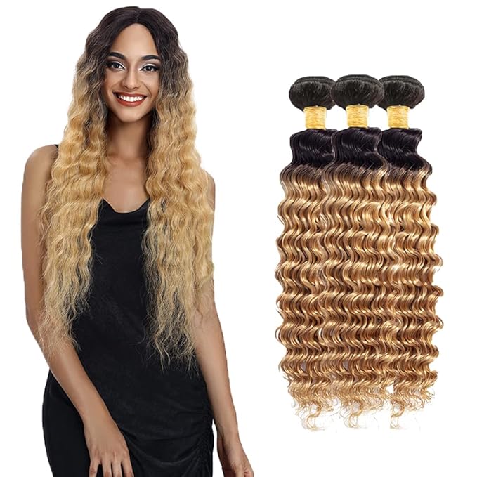 Ombre Blonde Bundles Human Hair 1b27 Deep Wave Bundles 24 26 28 Inch Brazilian Virgin Soft and Silky Remy Hair Extensions 2 Tone Black and Honey Blonde Deep Wave Bundle 150g